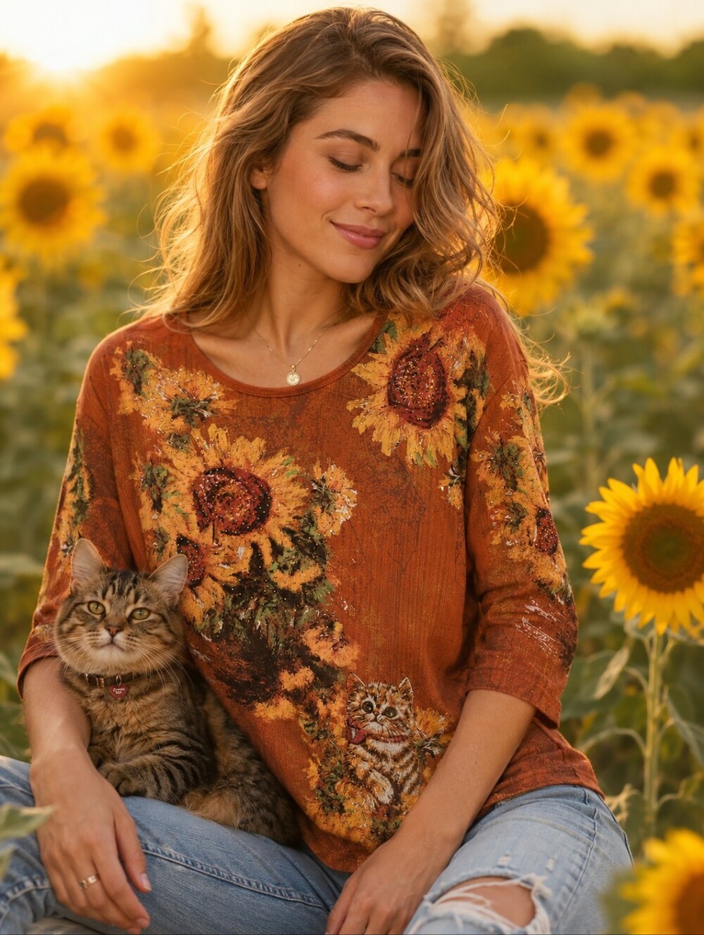 ENDLESS DESIGNS Top Womens Large Orange Sunflower Cat Rhinestone Fall Cottage